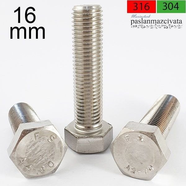 M16 Paslanmaz Civata A2-70 DIN 933 Altıköşe Başlı Tam Diş