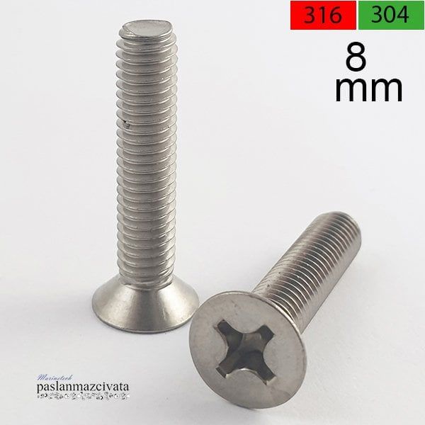 M8  Paslanmaz Yıldız Havşa Baş Vida (DIN 965) A2 AISI 304 KALİTE - 8x20