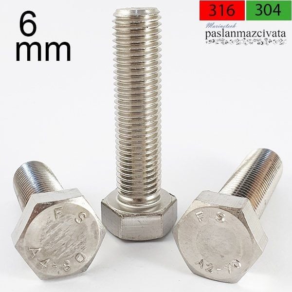 M6 Paslanmaz Civata  DIN933/931 A2 AISI 304 KALİTE - 6x20
