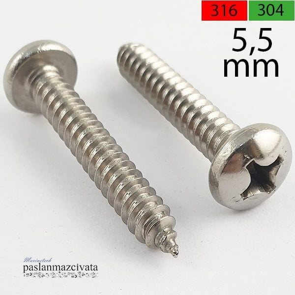 5,5mm  Paslanmaz (YSB) Saç Vidası DIN7981 A2 AISI 304 KALİTE - 5,5x60