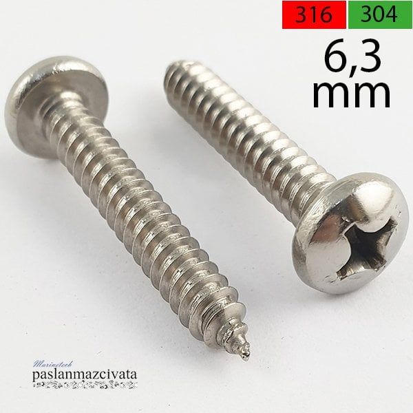 6,3mm  Paslanmaz (YSB) Saç Vidası DIN7981 A2 AISI 304 KALİTE - 6,3x32
