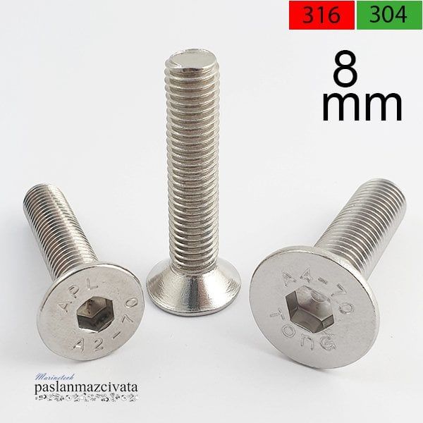 M8 Paslanmaz Havşa Baş İmbus DIN7991 A2 AISI 304 KALİTE - 8x16